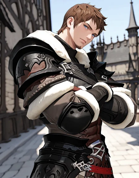 masterpiece, best quality, newest, perfect quality, best quality, detailed background, intricate details, male focus, solo, anime, <lora:FFXIV - Ardbert Hylfyst - Illustrious 2_3-000004:0.7>, ardbert_ffxiv, 1boy, mature male, short hair, brown hair, blue eyes, goatee, fur-trimmed collar, fur-trimmed pauldrons, armor, fur-trimmed gloves, standing, crossed arms, from side, looking at viewer, head tilt, outdoors, upper body