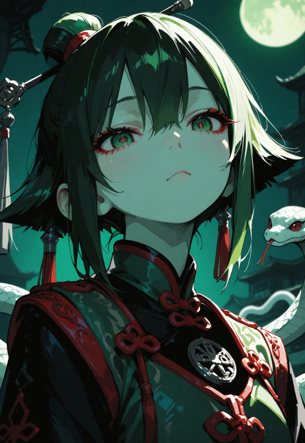 masterpiece, best quality, very awa, absurdres, detailed eyes, detailed face, detailed skin, simple background, BREAK
(cute character:1.5), 1girl, green Qipao, snake decorations, at night, moon, sharp focus, looking at viewer, depth of field, (intricate:1.2), (green tone:1.1), (black tone:0.7), (green atmosphere:1.1), (anime coloring:1.1), high contrast, (masterpiece:1.2), (best quality:1.2), (very aesthetic:1.2), (absurdres:1.2), (detailed background), newest, ai-generated, (intricate details:1.2),,, BREAK
<lora:ponyv6_noobV1_2_adamW-000017:0.9> <lora:748cmSDXL:0.8> <lora:DetailedEyes_V3:1> <lora:FINALE:0.5> <lora:noobai_vpred_1_masterpieces_v1:1>_v1:1>