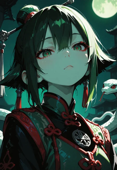 masterpiece, best quality, very awa, absurdres, detailed eyes, detailed face, detailed skin, simple background, BREAK
(cute character:1.5), 1girl, green Qipao, snake decorations, at night, moon,  sharp focus, looking at viewer, depth of field, (intricate:1.2), (green tone:1.1), (black tone:0.7), (green atmosphere:1.1), (anime coloring:1.1), high contrast, (masterpiece:1.2), (best quality:1.2), (very aesthetic:1.2), (absurdres:1.2), (detailed background), newest, ai-generated, (intricate details:1.2),,, BREAK
 <lora:ponyv6_noobV1_2_adamW-000017:0.9> <lora:748cmSDXL:0.8> <lora:DetailedEyes_V3:1> <lora:FINALE:0.5> <lora:noobai_vpred_1_masterpieces_v1:1>_v1:1>