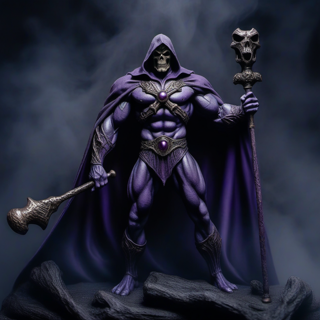 Horror-themed a muscular man, purple cape, cloak, holds a club <lora:Skeletor1024-000190:0.8> . Eerie, unsettling, dark, spooky, suspenseful, grim, highly detailed