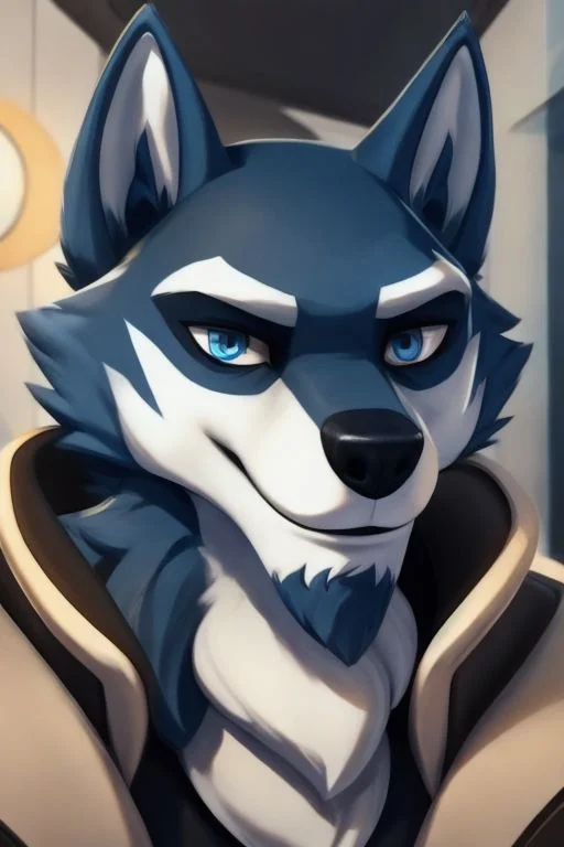 ASCIISelfie, Close up, male, cartoon wolf, ((wolf tail)) wearing clothes, white boots, solo, smirk, arms crossed, detailed lobby background, detailed blue wolf eyes, by Darkgem, 4k