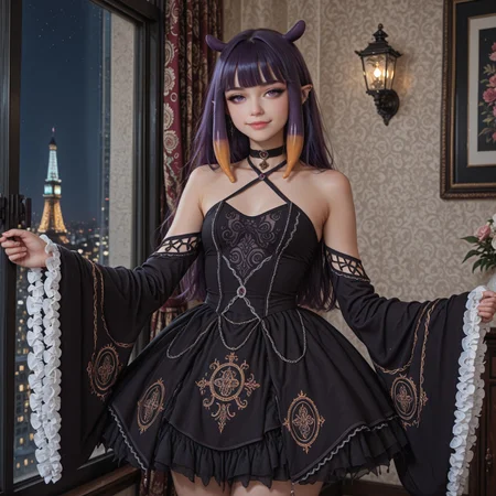 ultra-detailed,masterpiece, best quality, good quality, 8k,beautiful eyes, detailed eyes, detailed face, 
BREAK
ninomae inanis, pointy ears, long hair, purple hair, multicolored hair, blunt bangs, tentacle hair, sidelocks, purple eyes, choker, black dress, detached sleeves, frills, wide sleeves, ribbon, bow, criss-cross halter,
BREAK
seductive smile, standing,
BREAK
Intricate, detailed background, colorful, detailed background, dynamic angle, volumetric lighting, cinematic lighting,
BREAK
Indoors, Modern Apartment, Large window showing a cityscape at night,
BREAK
artist:moriimee,  <lora:MoriiMee_Gothic_Niji_Style_Illustrious_r1:0.6>, <lora:PowerPuffMixLora:0.5>,
BREAK
