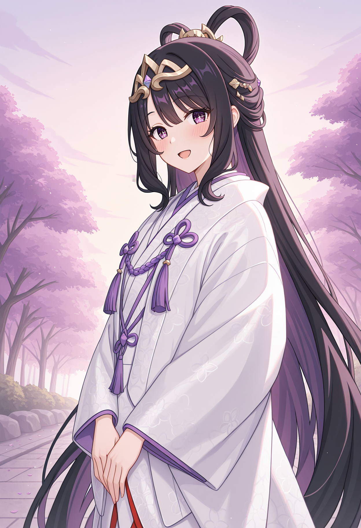 highres, best quality, masterpiece, outdoors,
1girl, solo, rlpviol, black hair, hair rings, very long hair, purple eyes, sparkling eyes,
headpiece, uchikake, white kimono, purple tassel, jewelry, no hood,
looking at viewer, blush, smile, open mouth,
standing, from side,
<lora:_violet_pcr-elesico-ilxlA:1>