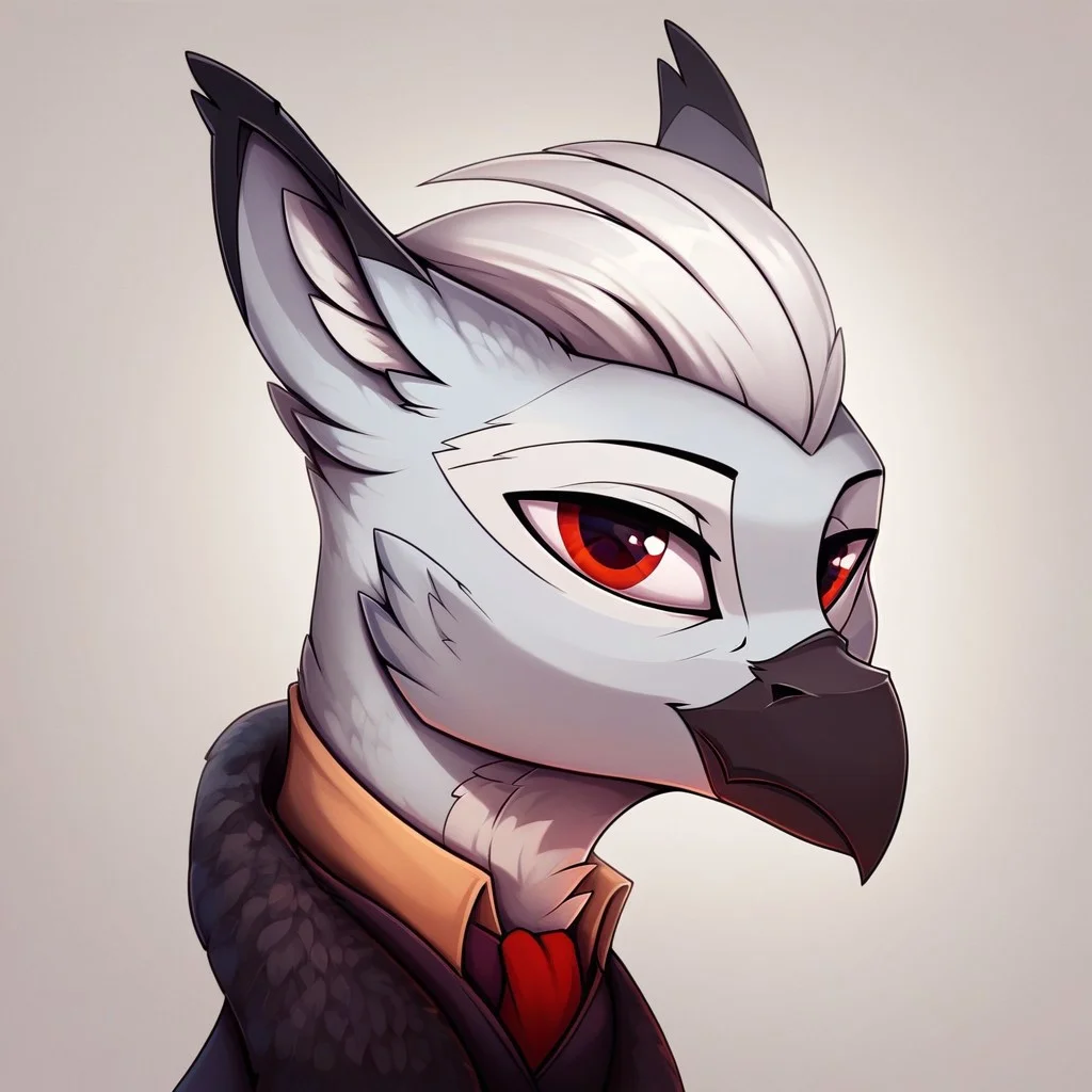 masterpiece, score_9_up, score_8_up, score_7_up, (best quality:1.1), ultra-detailed, high resolution, 1character, solo, Ferdinand Dawnclaw, griffon oc, mlp style, albino, avian, feral, male, ((beautiful detailed red eyes)), white hair, feathery ears, fluff in ears, black beak, closed mouth, white feathers, clothes, full body, detailed facial features, expressiveh, simple background, highly visible, sharp focus, anatomically correct