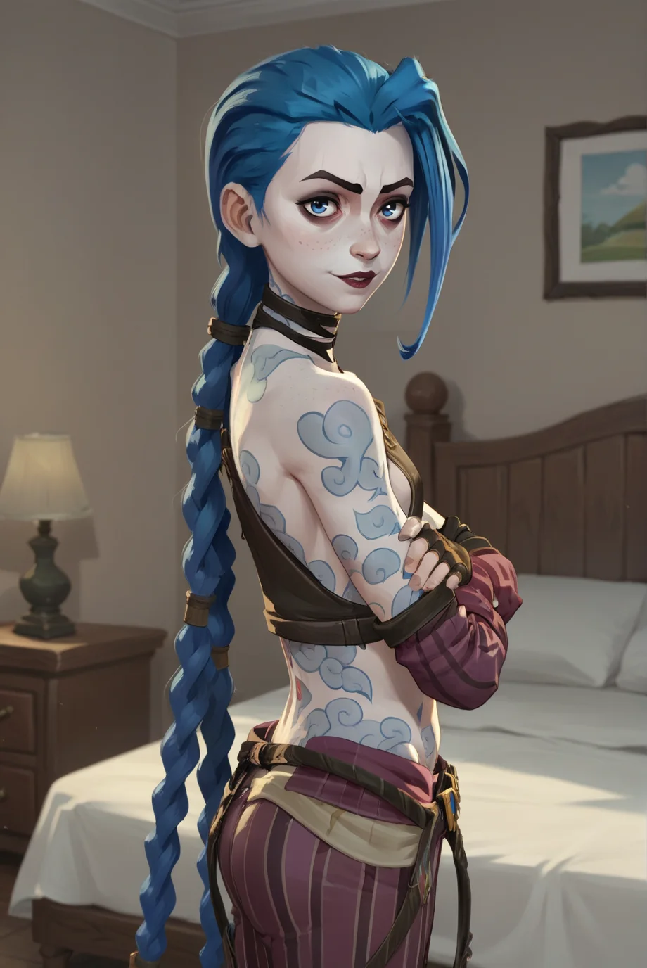 score_9, score_8_up, score_7_up, score_6_up, score_5_up, score_4_up, BREAK source_anime, 1girl, solo,
<lora:ArcaneJinxXL-v3-07:0.7>, ChopioJinx, blue hair, very long hair, twin braids, asymmetrical bangs, black eyeliner, black eyebrows, red lips, freckles, blue eyes, looking at viewer, white skin,
small breasts, tattoo, shoulder tattoo, arm tattoo, stomach tattoo,
outfit_1, choker, bare shoulders, brown crop top, midriff, brown belt, striped sleeves, asymmetrical sleeves, fingerless gloves, brown gloves, striped pants,
bedroom, bed, standing, parted lips, sideboob, seductive smile, crossed arms, cowboy shot, from side,