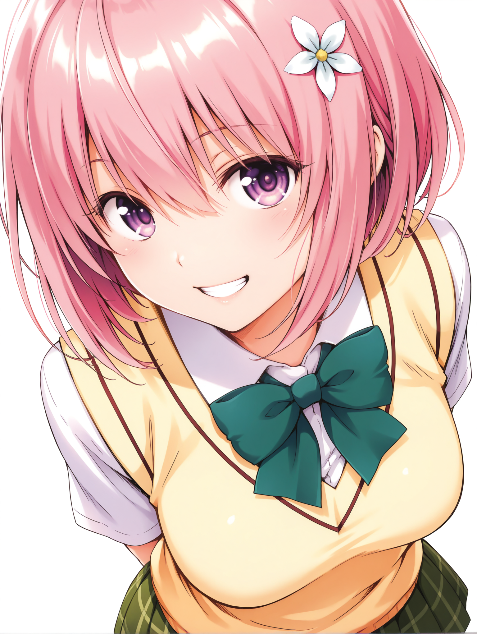 masterpiece,best quality,newest,
1girl,solo,
<lora:momo_ilxl_v2.4:1>,momo,pink hair,purple eyes,short hair,white flower hair ornament,
m_clothes,green bowtie,sweater vest,short_sleeves,green plaid skirt,
<lora:Fixhands_anime_bdsqlsz_V1:1>,white background,looking at viewer,simple background,face_focus,upper_body,looking_at_viewer,:o,profile,dynamic_angle,cinematic_angle,dutch angle,grin,arms_behind_back,leaning_forward,