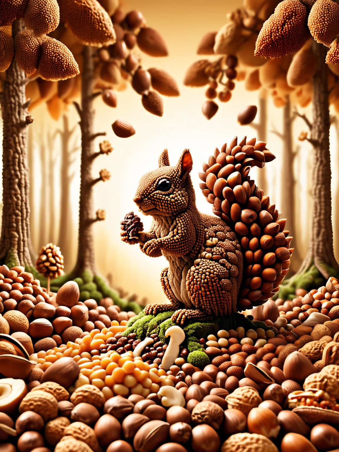 A whimsical forest made entirely of ais-nutz, with a quirky squirrel perched on a ais-nutz, under a ais-nutz sun. <lora:Nuts__Seeds_Style_SDXL:1>
