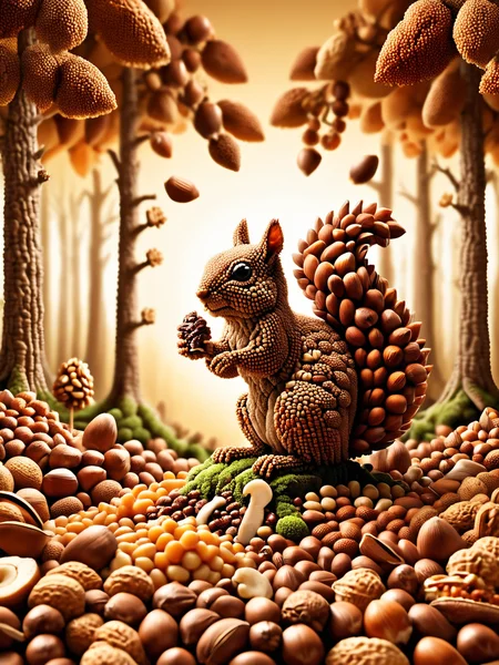 A whimsical forest made entirely of ais-nutz, with a quirky squirrel perched on a ais-nutz, under a ais-nutz sun. <lora:Nuts__Seeds_Style_SDXL:1>