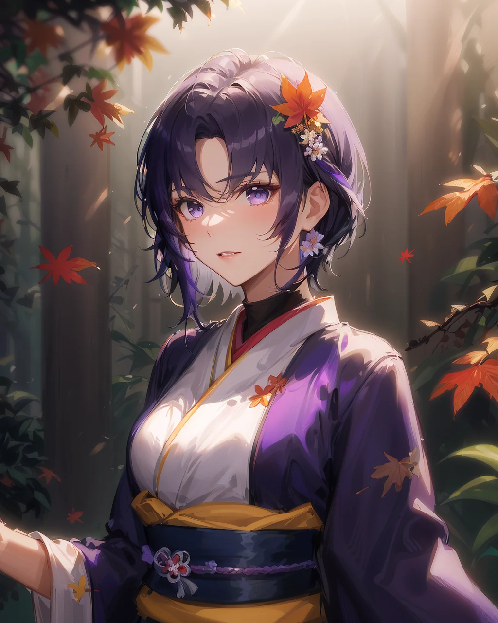 ((masterpiece,best quality)),1girl, bangs,  blurry background, branch, dappled sunlight, flower,  hair flower, hair ornament, japanese clothes, kimono, leaf, (maple leaf:1.9), obi, outdoors, sash, solo, sunlight, upper body beautiful face,dark purple hair,light purple eyes,zoom in on eyes,short hair,(forehead),sideburns,straight hair,face to face,dark purple streaked hair,upper body, manly,medium breasts, manly,mature female,voluptuous,