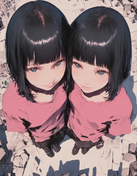 ultra highres, best quality, fine illustration,comic cover,bald outlines,pop style,2sisters,teenage,black hair,blunt bob cut,blunt bangs,straight hair,black eyes,pink t-shirt,detailed eyes,smile,cheerful,Pastel-colored rubble land background,navel,parted lips,wink,cute,few from above,full body,dynamic,closely related to each other. <lora:s1n0z1ck-flux-test-lora:2> S1n0z1ck style <lora:artilands:1> <lora:cinematic dramatic color style v1:1> cinematic dramatic color style
