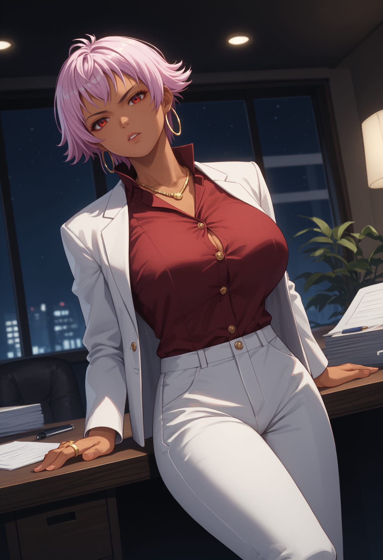 score_9, score_8_up, score_7_up, 1girl, gladyswaken, dark-skinned female, red eyes, pink hair, short hair, huge breasts,
hoop earrings, business suit, white blazer, buttons, white pants, suit pants, red shirt, gold ring,
looking at viewer, serious, parted lips, sitting on table, adjusting collar, hand to neck, neckwear grab,
indoors, office, dark, night, dark environment, 
<lora:Gladys-von-WalkenheimPDXL_V1-Manityro-CAME:1.0>,