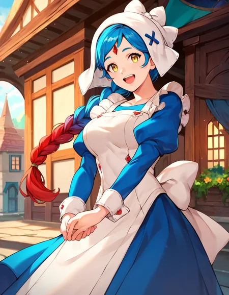 score_9, score_8_up, score_7_up, score_6_up, source_anime,zPDXL3, village, outdoors,solo,
<lora:LilithFE_SDXL:1>,LilithFE_SDXL,head scarf,blue hair,red hair,multicolored hair,gradient hair,yellow eyes,forehead jewel,single braid, large breasts,happy,open mouth,smile,white apron,long sleeves, blue dress,cowboy shot,