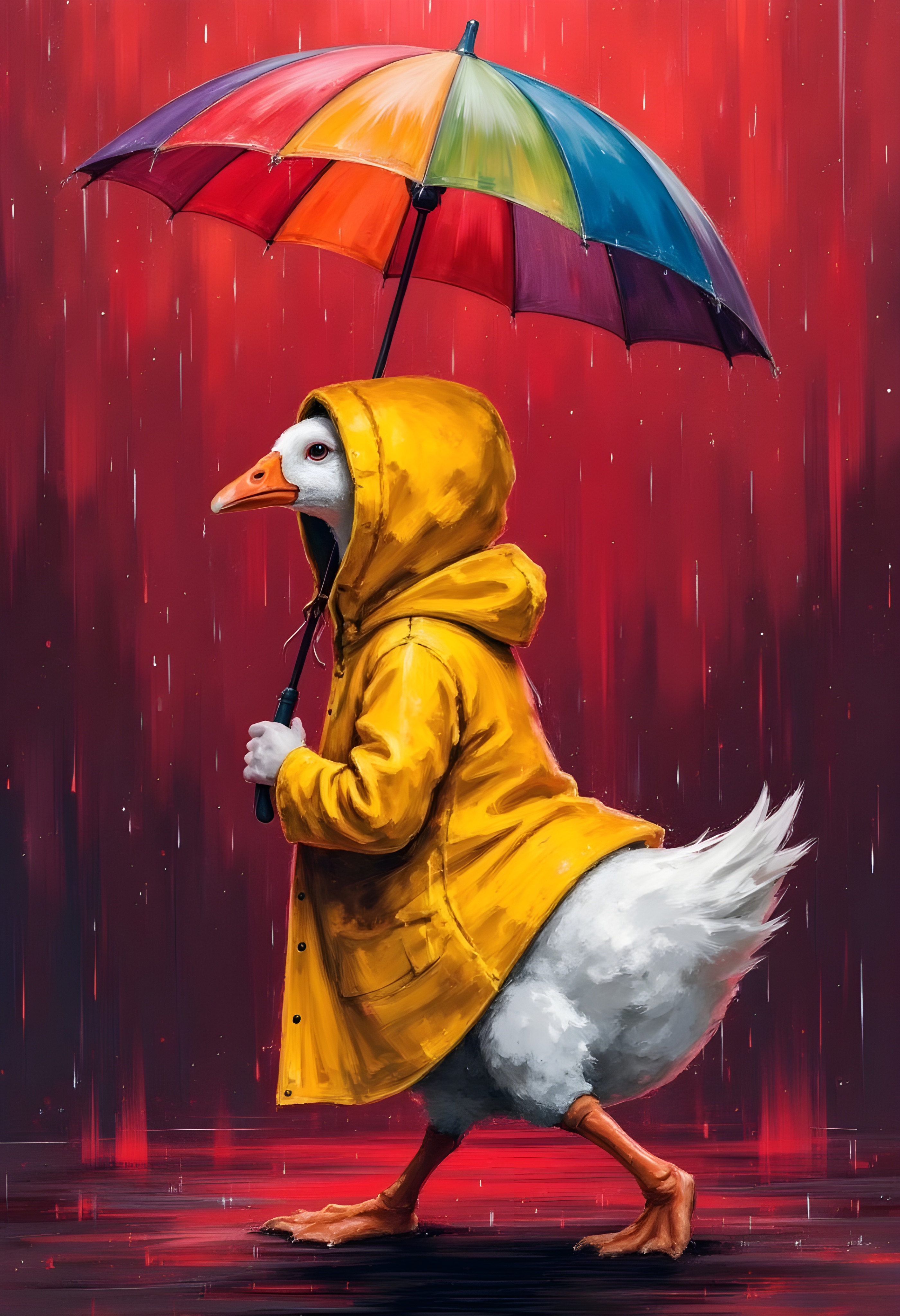cinna flow, white goose wearing bright yellow raincoat and rain hat, Sideview, walking in the red rain whilst holding up a rainbow umbrella in order to stay dry. Very detailed, vibrant colors