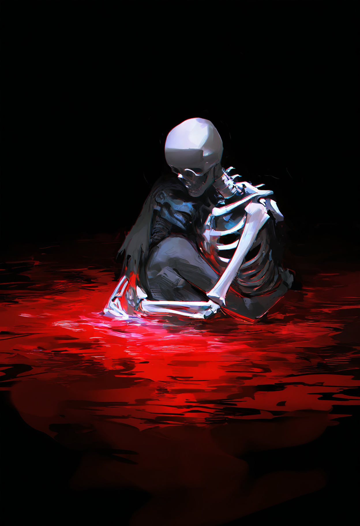 1girl, 1other, red ocean, partially submerged, robot, hug, skeleton, <lora:misaka-gou_s62:1> chromatic aberration, painterly, black background,, masterpiece, best quality, newest, very awa, absurdres, highres