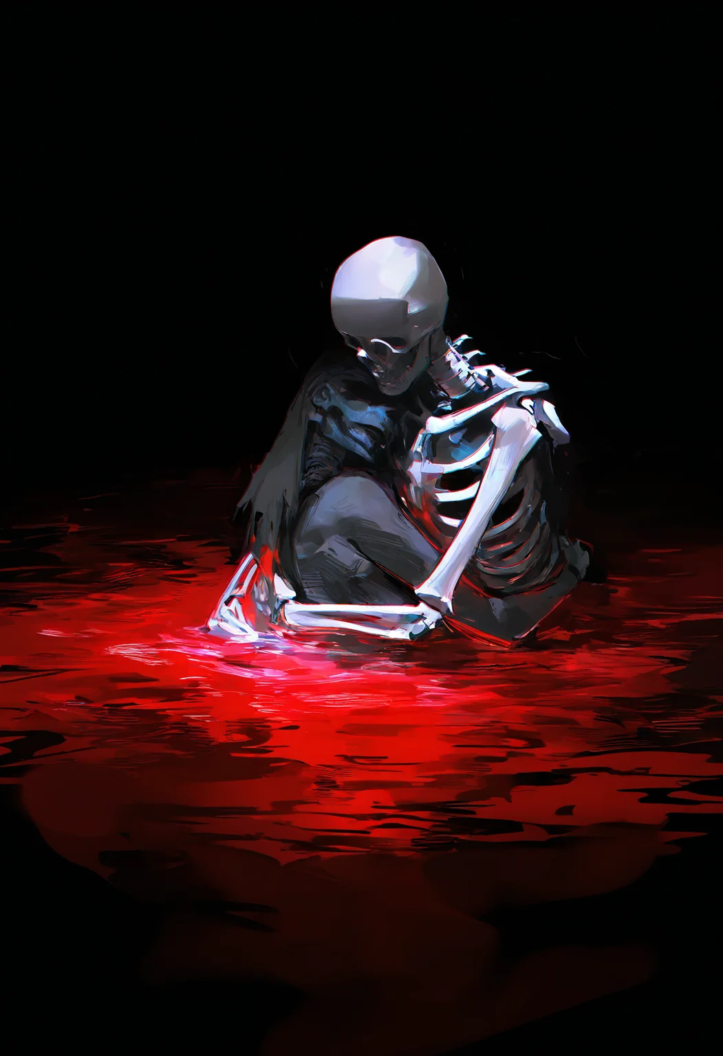 1girl, 1other, red ocean, partially submerged, robot, hug, skeleton, <lora:misaka-gou_s62:1> chromatic aberration, painterly, black background,, masterpiece, best quality, newest, very awa, absurdres, highres