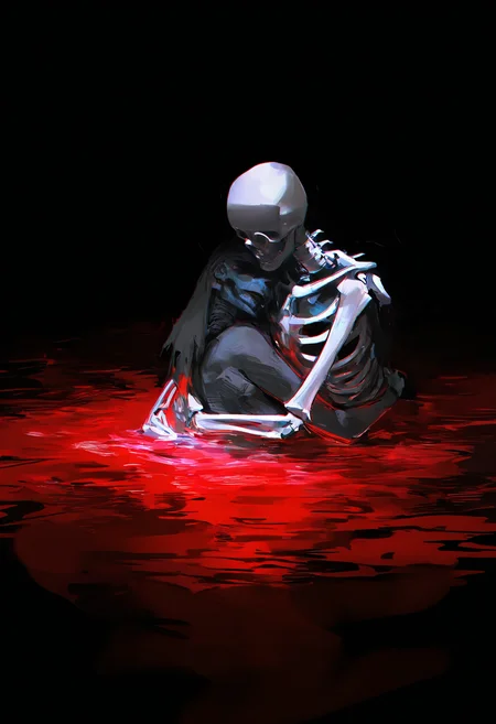 1girl, 1other, red ocean, partially submerged, robot, hug, skeleton, <lora:misaka-gou_s62:1> chromatic aberration, painterly, black background,, masterpiece, best quality, newest, very awa, absurdres, highres