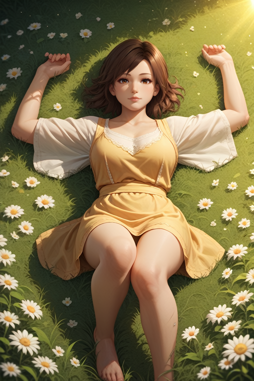 score_9, score_8_up, score_7_up, 
<lora:T8Asuka:1.0>
T8Asuka, solo, 1girl, brown hair, brown eyes, looking at viewer, lying in a field of wildflowers, arms stretched out, sun shining through the clouds, soft and warm lighting, peaceful and nature-connected feeling