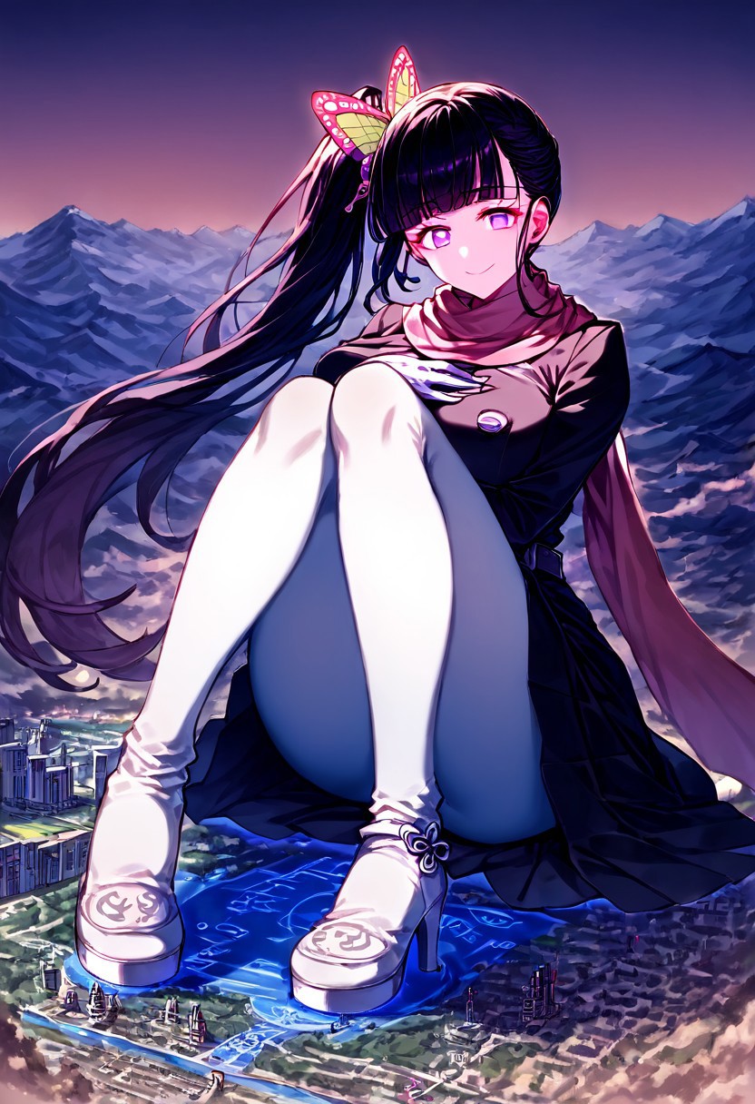 gorgeous lips, cinematic, (masterpiece), (best quality), (ultra-detailed), very aesthetic, perfect composition, intricate details, absurdres, detailed face, (anime, masterpiece, intricate:1.3), (best quality, hires textures, high detail:1.2), score_9, score_8_up, score_7_up, source_anime, 1girl, kanao tsuyuri, black hair, pink highlights, butterfly, butterfly hair ornament, purple eyes, very long hair, side ponytail, ponytail, eyelashes, hair ornament, scarf, dress, black dress, long sleeves, buttons, gloves, white gloves, belt, pantyhose, pink pantyhose, laced high heels, white footwear, skirt, flower patterns, alternate_costume, enormous breasts, facial expression, kind, soft eyes, head tilt, slightly smiling, closed mouth, hand on breasts, goddess, planet size, giantess, growing even bigger, sitting on the ground, ruanyi0639,hugging own legs, gradient eyes, beautiful detailed eyes, city background, mountain landscape, city, mountain, super tall building, super tall skyscrapers, in the city, solo, (masterpiece:1.4), (best quality:1.4), (ultra-detailed:1.2), gl0w, glow,
