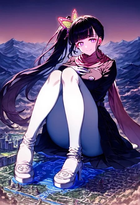 gorgeous lips, cinematic, (masterpiece), (best quality), (ultra-detailed), very aesthetic, perfect composition, intricate details, absurdres, detailed face, (anime, masterpiece, intricate:1.3), (best quality, hires textures, high detail:1.2), score_9, score_8_up, score_7_up, source_anime, 1girl, kanao tsuyuri, black hair, pink highlights, butterfly, butterfly hair ornament, purple eyes, very long hair, side ponytail, ponytail, eyelashes, hair ornament, scarf, dress, black dress, long sleeves, buttons, gloves, white gloves, belt, pantyhose, pink pantyhose, laced high heels, white footwear, skirt, flower patterns, alternate_costume, enormous breasts, facial expression, kind, soft eyes, head tilt, slightly smiling, closed mouth, hand on breasts, goddess, planet size, giantess, growing even bigger, sitting on the ground, ruanyi0639,hugging own legs, gradient eyes, beautiful detailed eyes, city background, mountain landscape, city, mountain, super tall building, super tall skyscrapers, in the city, solo, (masterpiece:1.4), (best quality:1.4), (ultra-detailed:1.2), gl0w, glow,