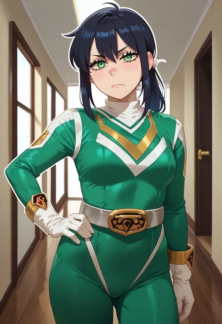 score_9, score_8_up, score_7_up, BREAK,
1girl, solo, sentaisaintforce, green bodysuit, silver belt, white gloves, spandex, wing-shaped chest symbol, helmet removed, no headwear, 1girl, reneegr, black hair, ponytail, sidelocks, long hair, green eyes, jitome, bags under eyes, BREAK,
cowboy shot, frown, looking at viewer, standing, hand on hip, indoors, hallway