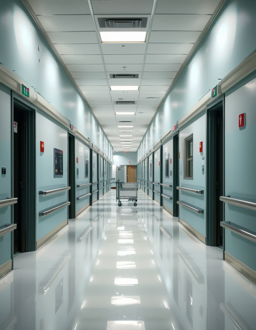 A long, sterile hospital corridor with bright white walls and a polished, reflective floor. The fluorescent ceiling lights cast a cold, clinical glow, emphasizing the cleanliness of the space. The hallway is lined with closed patient rooms, each marked with a small number plate. Stainless steel handrails run along the walls, and a few medical carts are neatly parked near the side. The corridor appears empty, creating a sense of stillness and anticipation. At the far end, a set of double doors with small glass windows leads to another section of the hospital. The atmosphere is quiet, professional, and highly sanitized, evoking a sense of order and precision.
<lora:SDXLFaeTastic2400:0.4> <lora:extremely_detailed:0.4> extremely detailed, <lora:sterile_hospital_c0rr1d0r:1>,sterile hospital c0rr1d0r, Masterpiece,best quality,hi res,8k,hi res,8k,award winning,(sharp focus, intricate, highly detailed),