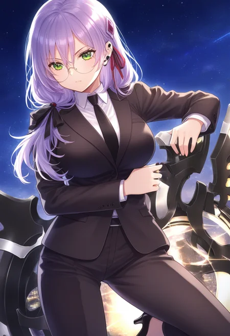best quality,
source_anime, highres, total body (best quality), finely detail, night sky 1girl, izmyk, long hair, purple hair, (hair down:1.2), bangs, hair between eyes, green eyes, large breasts, hair over shoulder, low ponytail, hair ribbon, hair ornament black suit, black jacket, white shirt, collared shirt, black necktie, round eyewear, earpiece, holding seraph, black pants, black high heels<lora:izumiyuki_IL_XL_V1:1>