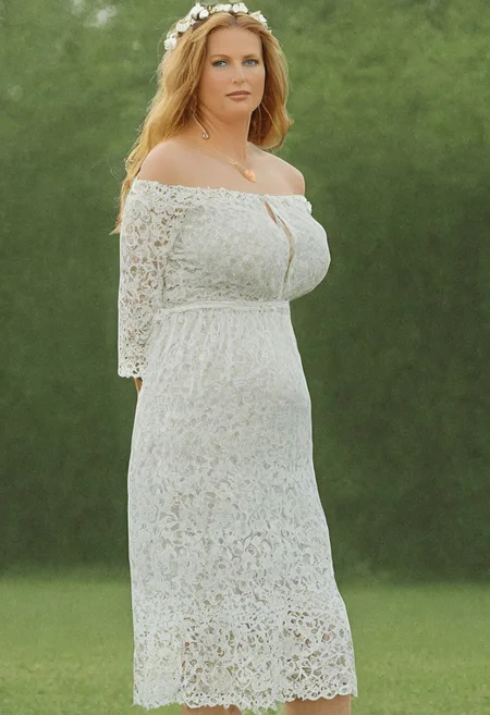 Masterpiece, detailed, realistic photo, standing, front_view, mature woman, fully_dressed, 44 years old, solo, cowboyshot, soft sunlight, serene expression, flowing locks, floral headband, off-the-shoulder top, billowing sleeves, delicate lace details, dainty necklace, freckles dusting across nose and cheeks, rosy lips, gentle smile, bohemian skirt swaying around hips, wide hips, bare feet grazing over grass, peaceful contemplation, huge_breasts, Ultra detailed photo realistic background, realistic high detailed face, anatomic correct bodies, extremely realistic, lots of detail, strong, athletic, seductive, a little plump, many wrinkles, hands hidden or out of view, just pregnant, blue eyes.