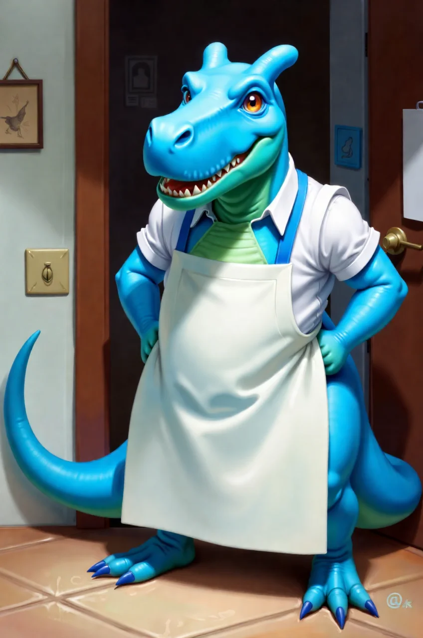 @l1c3, an anthro blue dinosaur in a white apron, by artgerm, by james jean, 4k, by greg rutkowski, by mike mignola, trending on artstation