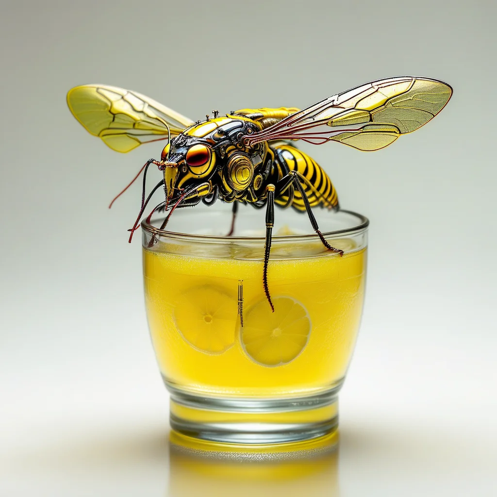 a cybersteam wasp on a glass of lemon juice, very detailed