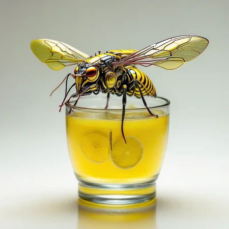 a cybersteam wasp on a glass of lemon juice, very detailed