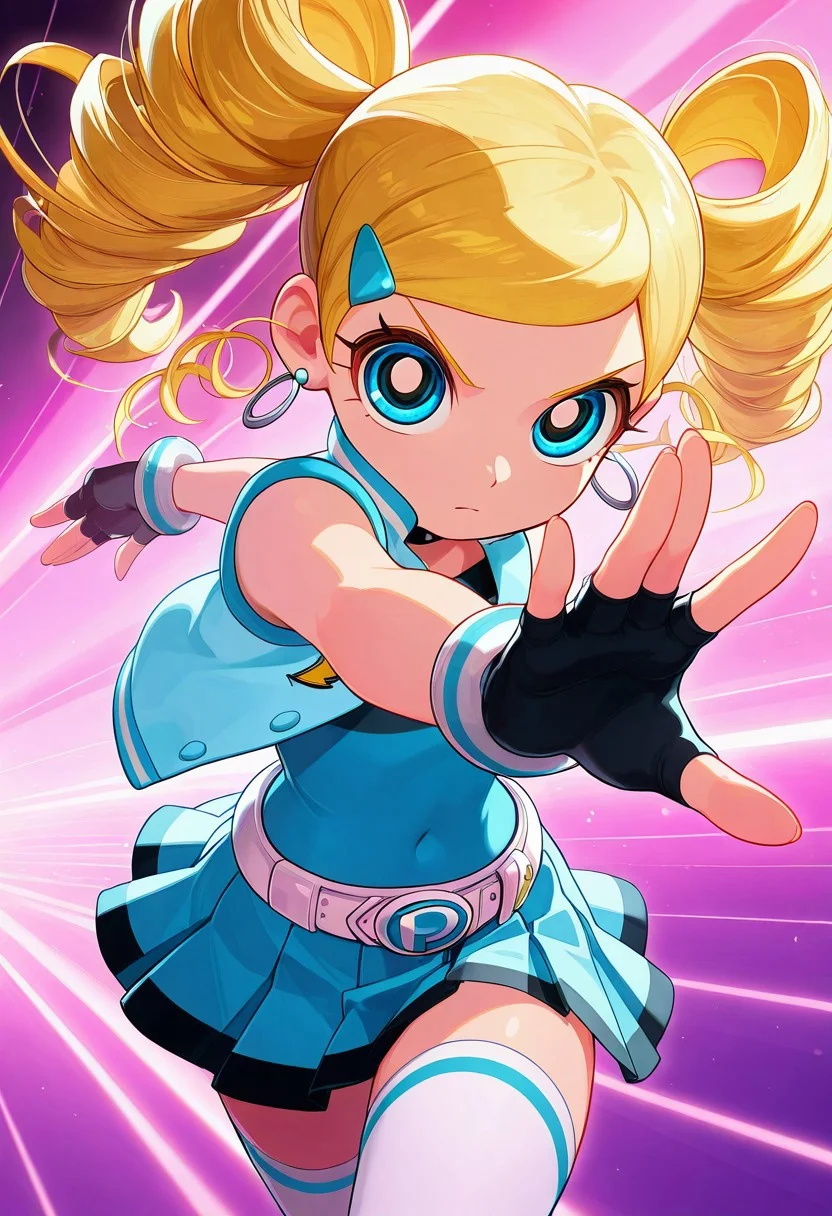 [#👧;🦸‍♀️]side_light,4k,(masterpiece:1.4),(best quality:1.4),(high resolution:1.4),Ultra HD, HDR,(hyperdetailed),smooth lighting,source_anime,very aesthetic,intricate details,intense,highres,vibrant colors,detailed_shadows,detailed_reflections,high-quality textures,depth of field,good shading,studio quality,epic lighting,digital illustration,path_tracing,rtx_on_styled_lighting_and_reflections,<lora:add-detail-xl:1>,looking at viewer,unblurred,perfect composition,intricate details,incredibly absurdres,dynamic angle [ONLY1girl,solo,symmetry,show accurate proportions,ppgzmiyako,rollingbubbles,\(Powerpuff Girls Z©\),long eyelashes,thick eyelashes,soul,emotions,"blonde hair,twin drills,hair onament,blue hairclip","black gloves,fingerless gloves,perfect hands,perfection,5 fingers,perfectly detailed fingers","detailed costume,blue shirt,blue vest,blue skirt,short skirt,👗,strapless,sleeveless dress,simple black belt,navel,white thighhighs,pleated skirt",""manga eyes,perfect eyes,detailed eyes,blue eyes",jewelry,hoop earrings,earrings,action pose,looking at viewer,dynamic pose,fighting stance,cowboy shot,shaded,beautiful lighting,detailed eyes,perfect eyes,fighting stance,leaning forward,dynamic pose,reaching towards viewer,cowboy shot,multicolored background,neon lights,dutch angle,MarvelRivals,screenshot]