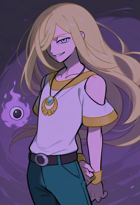 score_9,score_8_up,score_7_up,score_6_up,score_5_up,score_4_up,BREAKmasterpiece, hyper detailed, best quality, insanely detailed, high quality, exquisite, detailed, beautiful, ultra detailed,
Volo (Pokemon),
solo, 1boy, male focus, blonde hair, grey eyes, hair over one eye, long hair, masterpiece, best quality, absurdres, very aesthetic, VoloSinnoh, floating hair, white shirt, wrist cuffs, green pants, shoulder cutout, necklace, hands behind back, evil grin
in Take+sugimori ken style,