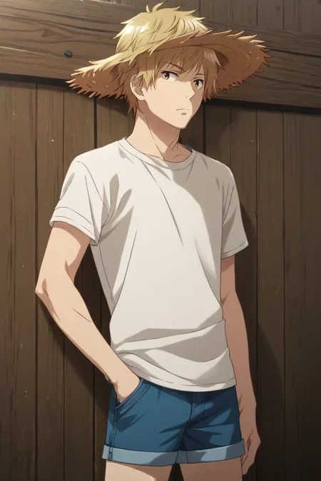 score_9, score_8_up, score_7_up, , rating_safe, intricate details, (photorealistic:0.6), , , 1boy, solo, male focus, <lora:shuuji_nakamura_pony:0.78>, shuuji_nakamura, blonde hair, brown eyes, short hair, , shorts, straw hat, <lora:sdxl_lightning_8step_lora:1>