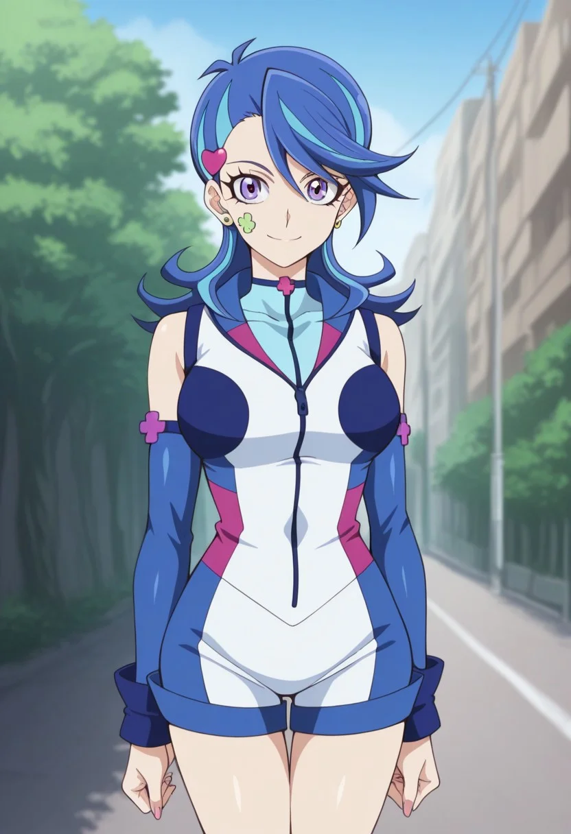 masterpiece,best quality,amazing quality, source_anime,
AoiZaizen,1girl, solo, blue gal outfit, purple eyes, facial tattoo, multicolored hair, blue hair, hair ornament, heart hair ornament, earrings, shirt, blue shirt, short jumpsuit, detached sleeves, smile
outdoor,