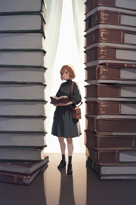 <lora:mini-people:1> minipoeple, minigirl, woman standing next to regular sized book, regular sized objects, <lora:RD-MAnon-XLV1.1:1>, , source_anime, score_9_up, score_7_up, score_8_up
