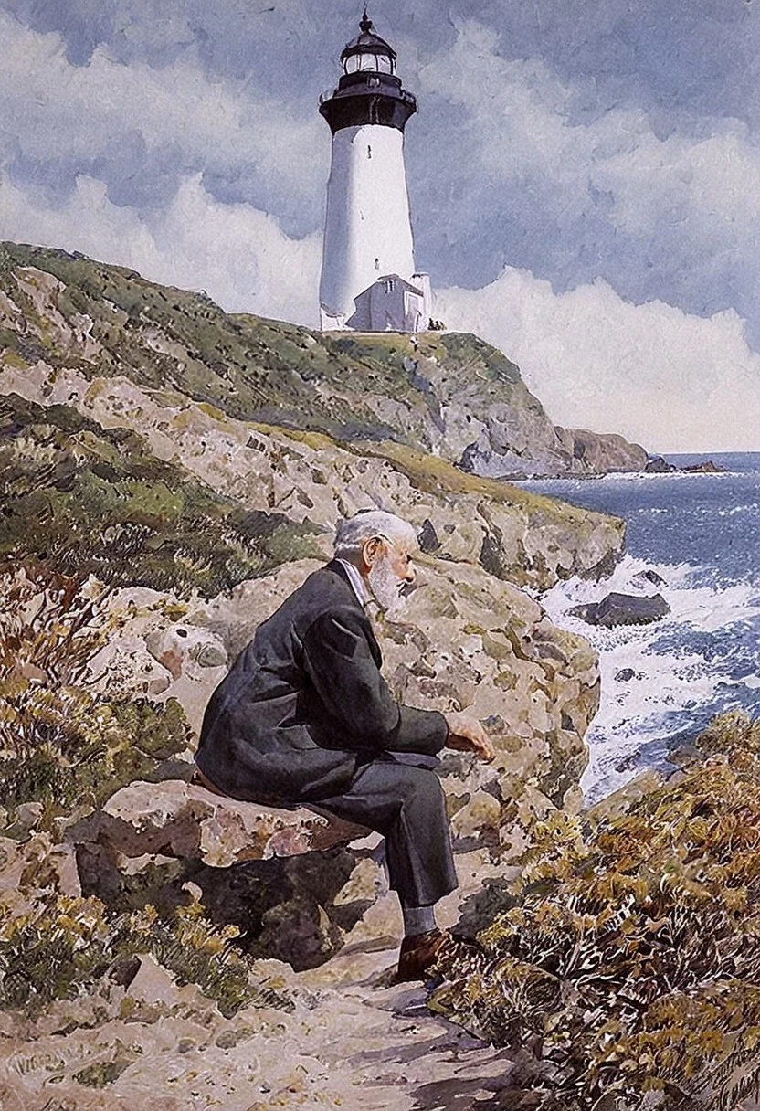 old man near the lighthouse, sentimental, by charles tunicliffe, painting, nature