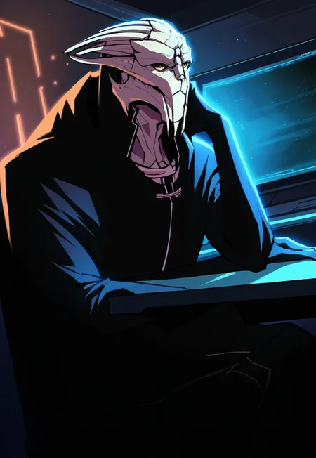 score_9, score_8_up, score_7_up, mass effect, BREAK, sarenarterius, 1boy, male, alien, solo, black formal clothes, clothing, hood, yellow eyes, black sclera, looking afar, hand leaning on head, leaning on armrest, elbow on armrest, closed mouth, sitting on chair, indoors, no lights, dark room, monitors, detailed background, science fiction, futuristic, front view