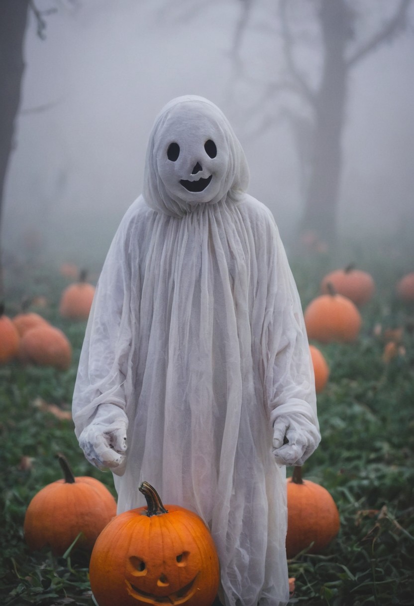 Photograph a child dressed in a ghost costume, holding a teddy bear in a foggy pumpkin patch during twilight. Use a 50mm f/1.8 lens for a shallow depth of field, with the child and teddy bear in sharp focus while the misty pumpkins blur softly in the background. Capture soft, natural lighting with a hint of an eerie glow in the fog for a whimsical yet spooky feel.