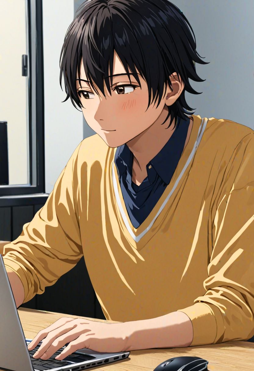 Yuusuke Fujisaki, masterpiece, Candid Photo, best quality, 1boy, solo, male focus, High definition, Black hair, 4K, work front laptop