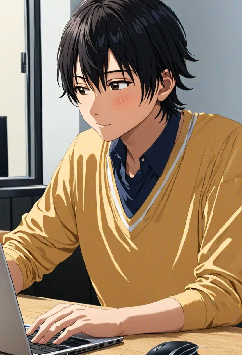 Yuusuke Fujisaki, masterpiece, Candid Photo, best quality, 1boy, solo, male focus, High definition, Black hair, 4K, work front laptop