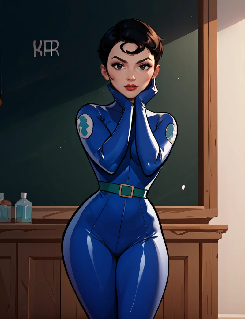 score_9, score_8_up, score_7_up,Environmental portrait, head out of frame , honeydew, agent_honeydew, 1girl, black hair, solo, lipstick, black eyes, Super Short Pixie hairstyle, short hair, blue body suit, full blue body suit, full body, thigh thighs, highly detailed face, greenbelt, looking at viewer, Main Laboratory, cluttered with strange devices, bubbling test tubes, scattered notes, dimly lit with flickering lights, a large chalkboard covered in complex equations , ,dark navy high boots, <lora:Agent_Honeydew_Pony:1>
