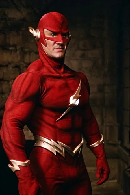 cinematic film still of Cinematic Film Footage
Flash90s
 <lora:Cinematic Film:1>
whole body photo ofthe flash, handsome face, masked john wesley shipp, smiling, , wearing the flash red suit, thunder logo on chest, muscle suit, red lycra pants, red boots, smoky lightning portals background, shallow depth of field, vignette, highly detailed, high budget, bokeh, cinemascope, moody, epic, gorgeous, film grain, grainy, detailed face