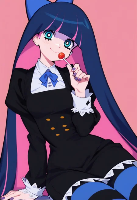 score_9, score_8_up, score_8, medium breasts, (curvy), cute, eyelashes,
patStocking, stocking anarchy, blue eyes, blue hair, colored inner hair, hair bow, long hair, multicolored hair, pink hair, two-tone hair, bangs, blunt bangs, striped thighhighs, black dress, puffy sleeves, long sleeves, collared shirt, white shirt,
zzLoveLive,, zPDXL,
smile, looking at viewer, head tilt, lollipop,