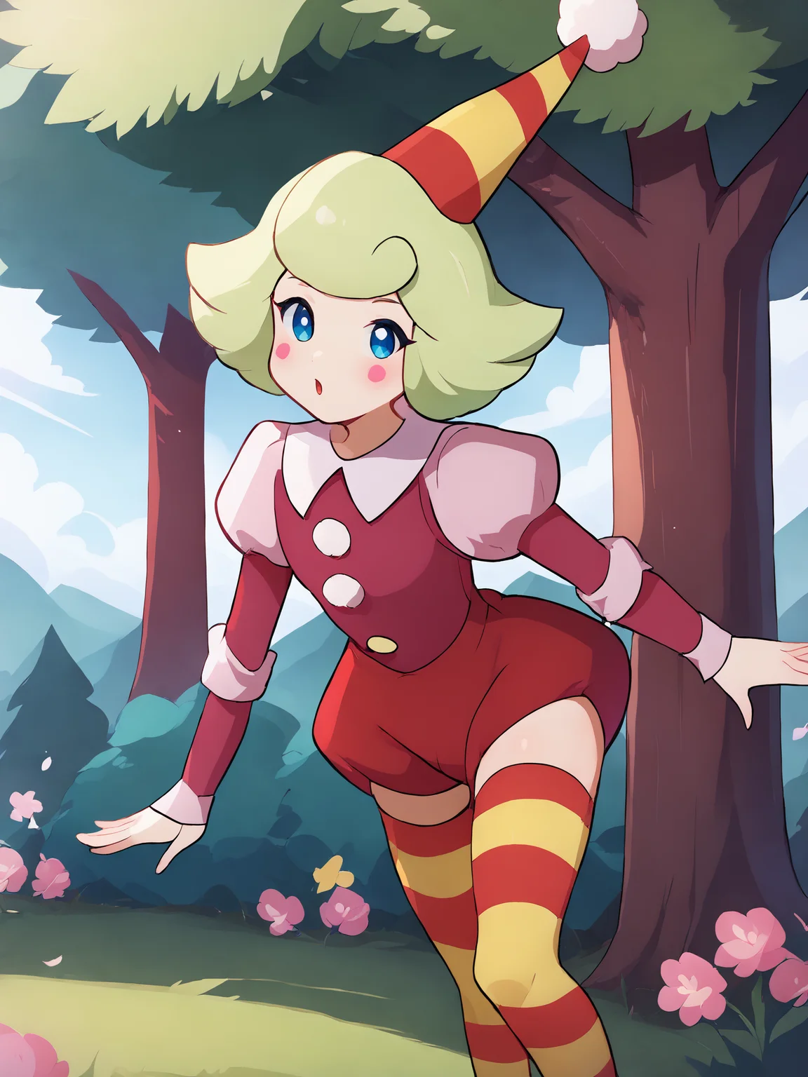 score_9, score_8_up, ,sharp focus,, absurdres, highres, illustration, outdoors,,trees, bonbonxl, 1girl, solo, blush stickers, short hair, flat chest, light green hair, blue eyes, thighhighs, long sleeves,,, pom_pom_(clothes),party hat, ,pink shirt, , striped, puffy sleeves, , ,, juliet sleeves, , striped thighhighs,,puffy ,puffy pants , red pants, red thighhighs, yellow thighhighs, <lora:bonbonxl:1>