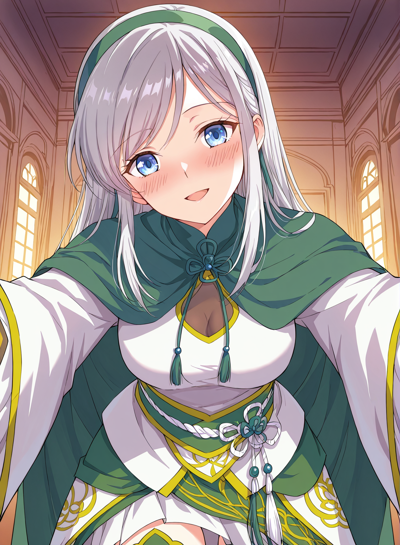 <lora:Han_Xue__Battle_Through_the_Heavens__Illustrious:1>
1girl, solo, silver hair, long hair, straight hair, hairband, blue eyes, anime style, elegant, 
fantasy outfit, eastern fantasy, green and white outfit, green cape, decorated cape, intricate design, tassel accessories, bow ribbon on chest, green obi belt, layered skirt, open chest cutout, long sleeves, green thigh-high boots,
score_9, score_8_up, score_7_up, score_6_up, source_anime, rating_explicit, 1girl, solo, smile, embarrassed, alcalose eyes, open mouth, mansion, indoors, looking at viewer, outstretched arms, pov, close-up, (head tilt:1.2)
