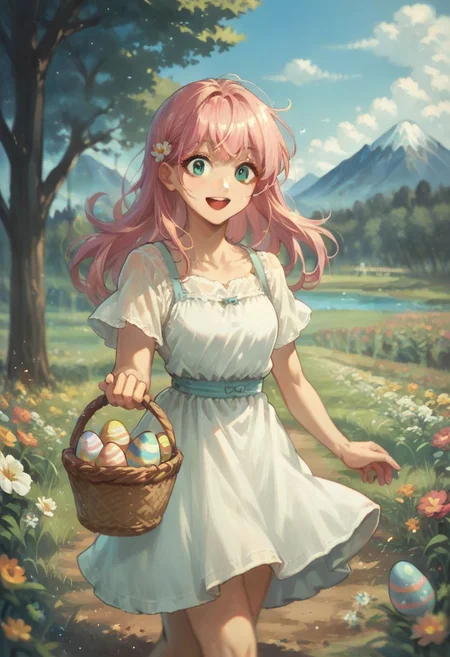 score_9, score_8_up, score_7_up, source_anime, cowboy shot, looking at viewer, smile, open mouth, surprised, 1girl, long hair, pastel pink hair, aqua eyes, bangs, sundress, holding basket, running, outdoors, easter egg, field, flower, tree, lake, mountain