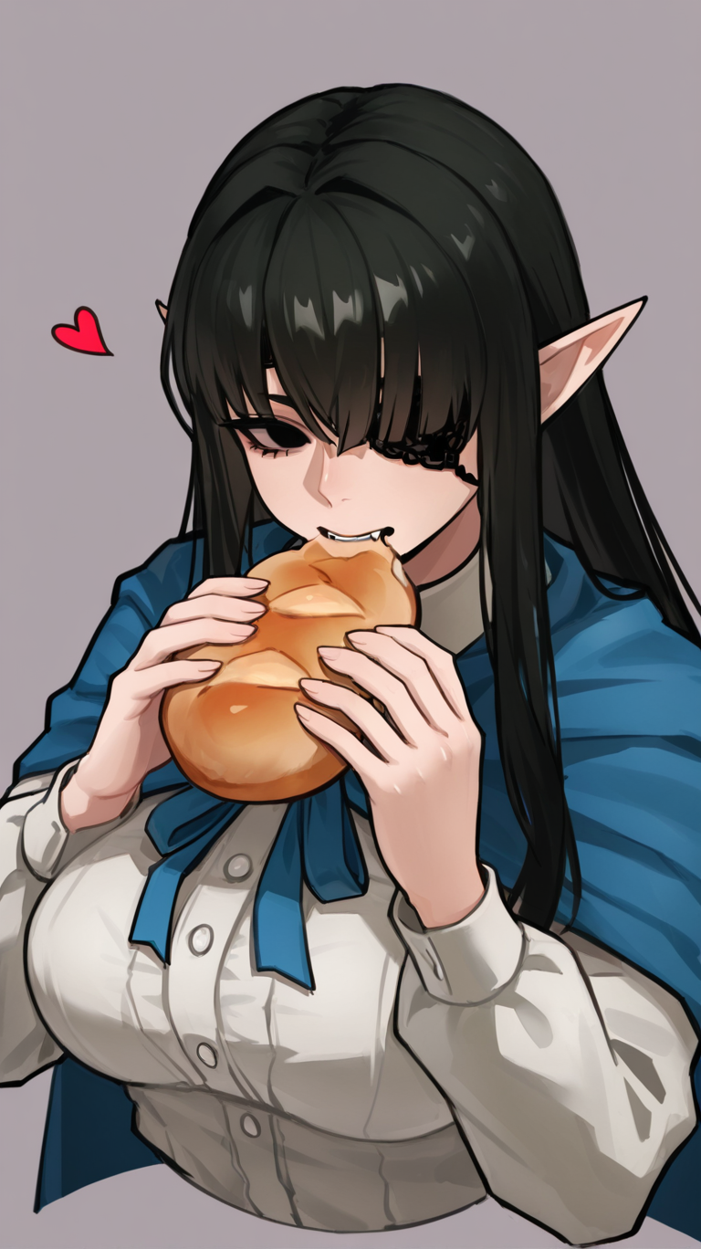 1girl, solo, long_hair, breasts, bangs, large_breasts, simple_background, black_hair, long_sleeves, upper_body, heart, food, pointy_ears, grey_background, hair_over_one_eye, black_eyes, mouth_hold, eating, elf, empty_eyes, one_eye_covered, food_in_mouth, bread, blue_cape
