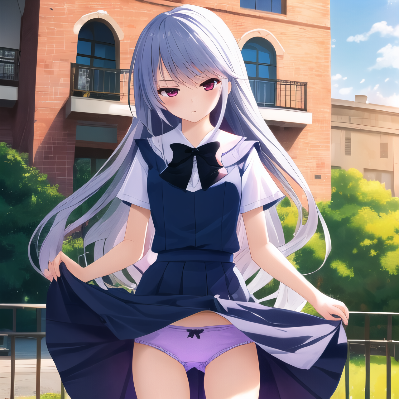 best quality, masterpiece, ultra-detailed, kazami kazuki, silver hair, 1 girl, solo, standing, long hair, purple eyes, outdoors, school uniform, skirt lift, panties