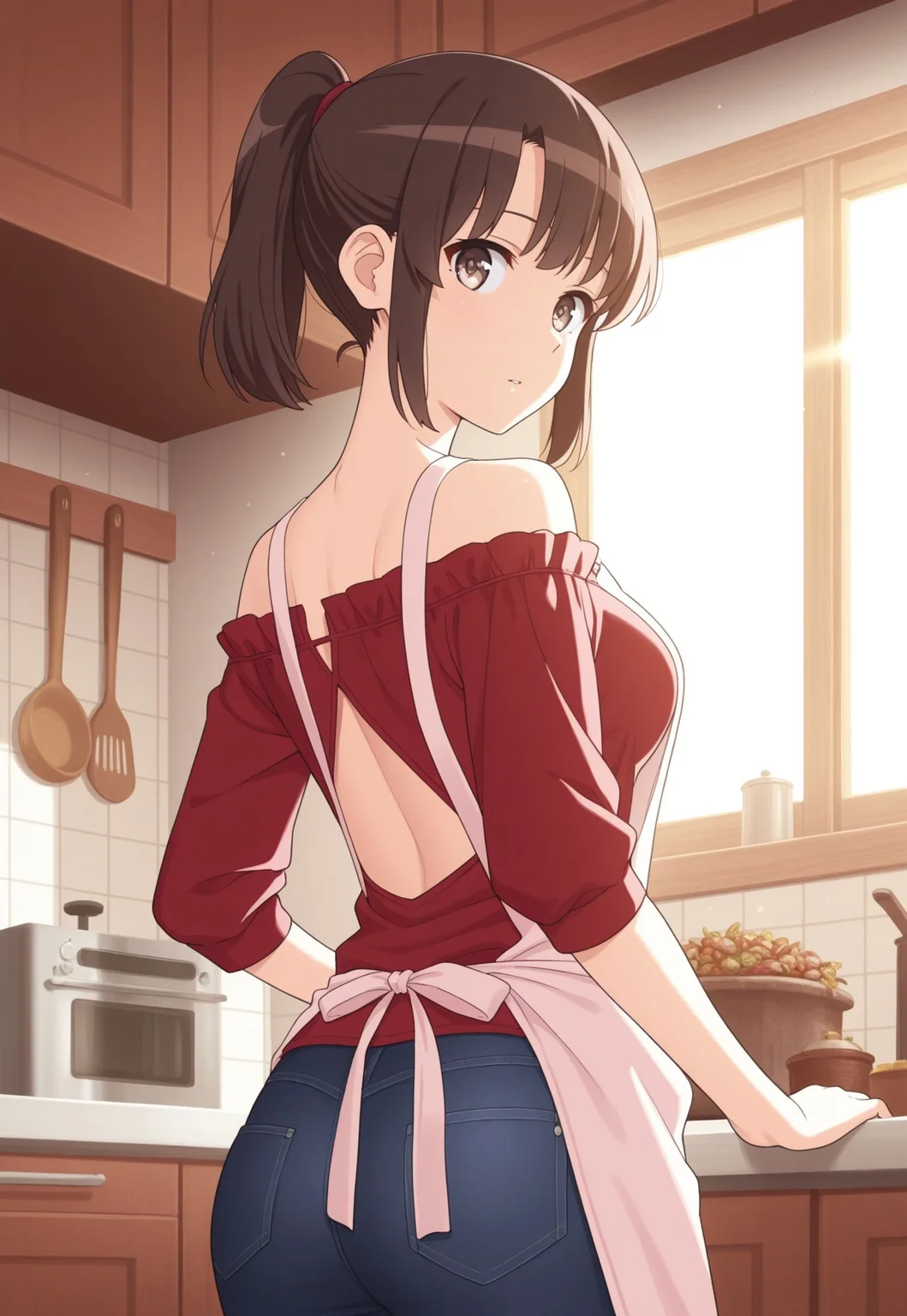 1girl,Megumi <lora:IL-KatoMegumi:0.8>,brown hair,katou megumi,brown eyes,medium breasts, short hair, ponytail ,(( good fingers))
,original, masterpiece, aesthetic,
standing, kitchen setting, cozy kitchen, looking back, wearing apron, off-shoulder blouse, slim-fit jeans with slight back cutout, warm sunlight streaming through the window, rustic shelves filled with spices and herbs, soft and detailed anime style, relaxed and inviting atmospher,looking at viewer,