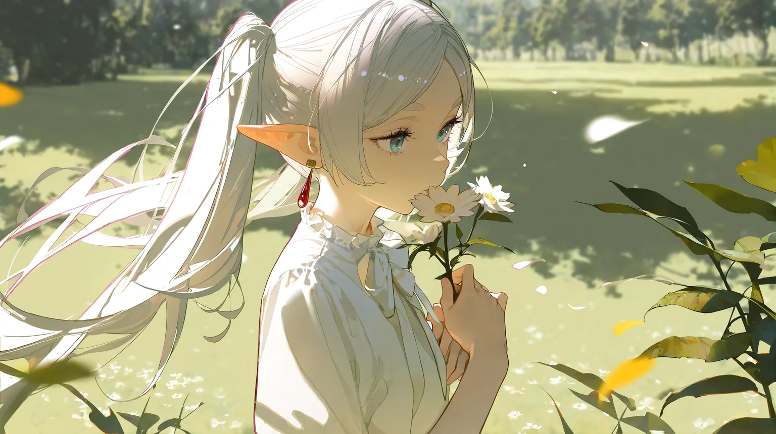 masterpiece,best quality,dino \(dinoartforame\),ask \(askzy\),tianliang duohe fangdongye,chen_bin,perspective,fisheye lens,blurry,photo background,
1girl,solo,sousou no frieren,frieren,earrings,chromatic aberration,messy hair,elf,pointy ears,twintails,white hair,white shirt,fashion,cool girl,pose,holding flower,good hands,
scenery,outdoors,nature,leaf,wind,masterpiece,best quality,